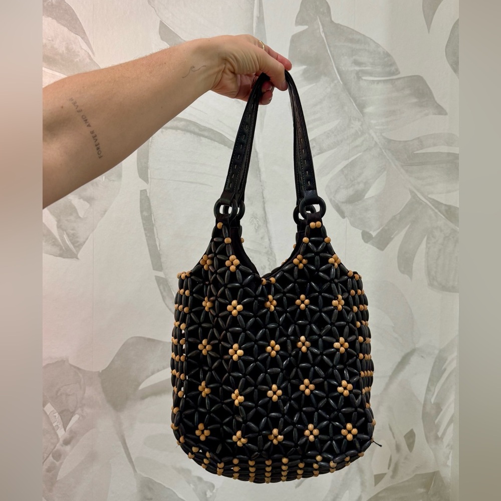 Nine West Black and Tan Floral Beaded Shoulder Bag